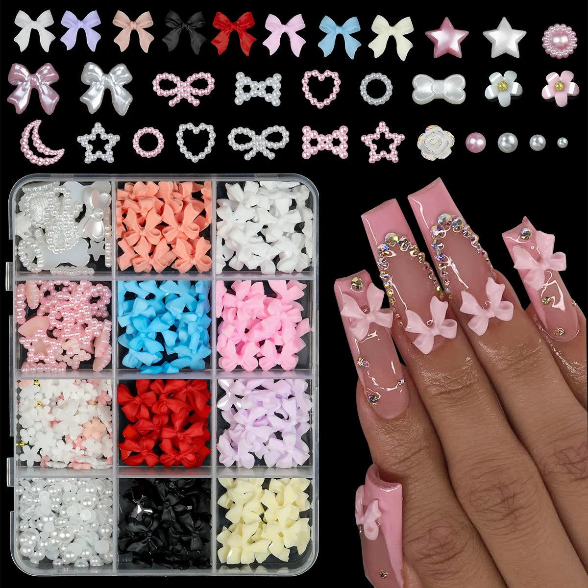 12Grids/box Mixed Resin Bowknot Nail Art 3D Decorations