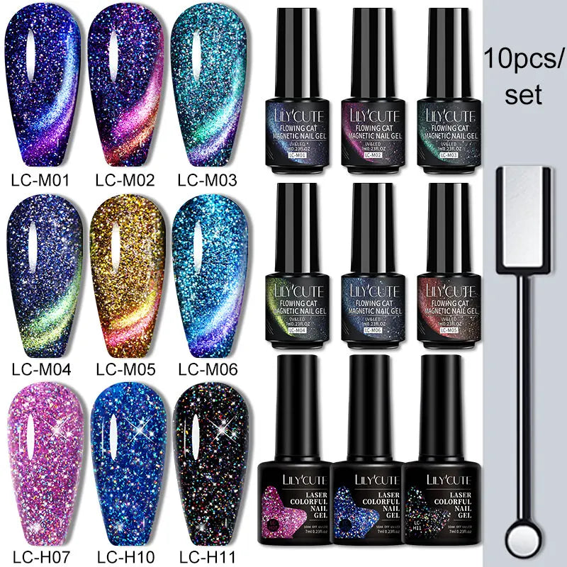 10PCS/SET Thread Pearl Shell Gel Nail Polish 9D Cat Magnetic Nail Gel