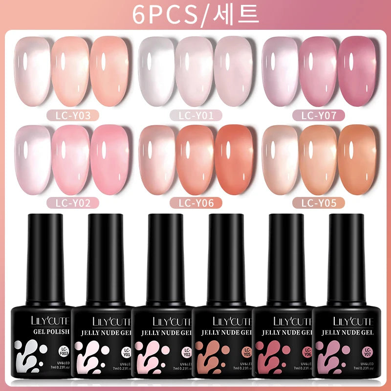 6PCS/SET 7ml Jelly Pink Nude Translucent Gel Nail Polish