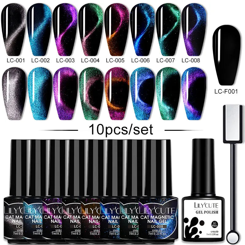 10PCS/SET Thread Pearl Shell Gel Nail Polish 9D Cat Magnetic Nail Gel