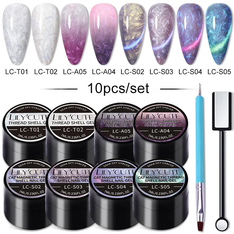 10PCS/SET Thread Pearl Shell Gel Nail Polish 9D Cat Magnetic Nail Gel